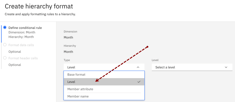 Interface for creating hierarchy format with dropdown options for base format, level, member attribute.