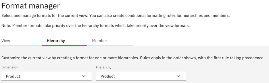 Format manager interface with hierarchy and member tabs, showing product dimension and hierarchy options.