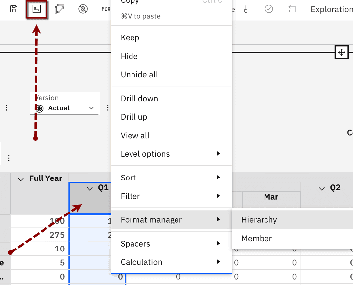 Spreadsheet application showing a dropdown menu with options like Format Manager and Calculation.