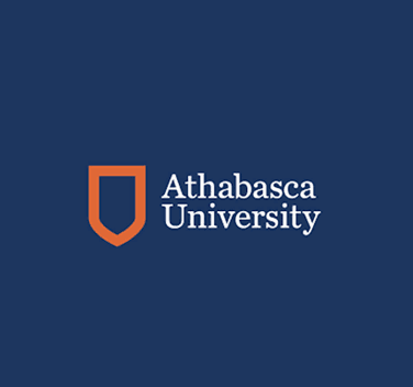 Athabasca University logo with an orange shield symbol on a dark blue background.