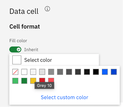 Color selection menu for data cell fill, showing various color options including grey and primary colors.