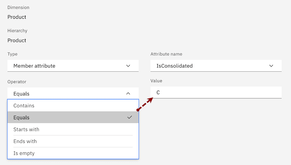 Interface for setting product attribute filters with operator dropdown and value input.