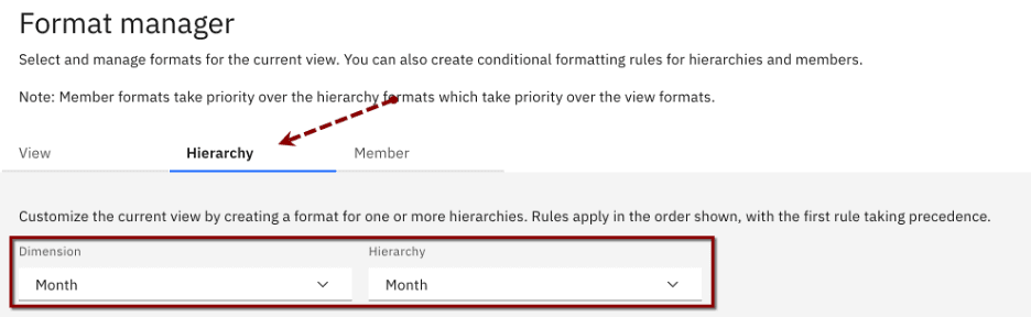 Format manager interface with options for dimension and hierarchy set to Month.